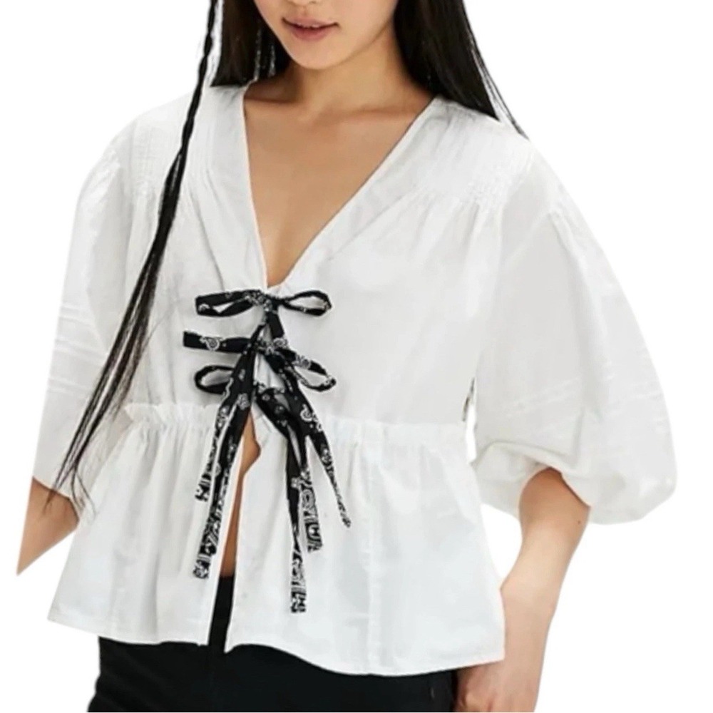 Tricia Fix x Free People Bandana-Tie Front Small White Black Poplin Jacket USA